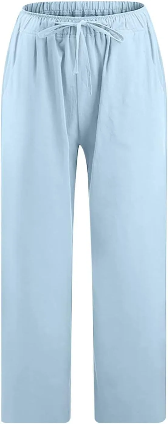 Linen Capri Pants for Women Wide Leg Palazzo Pant Casual Summer Cotton Linen Pants Cropped Trousers Pant with Pocket