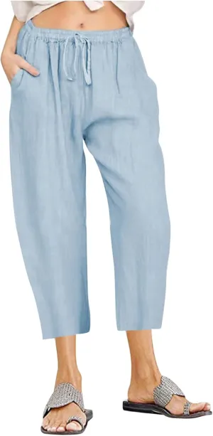 Linen Capri Pants for Women Wide Leg Palazzo Pant Casual Summer Cotton Linen Pants Cropped Trousers Pant with Pocket