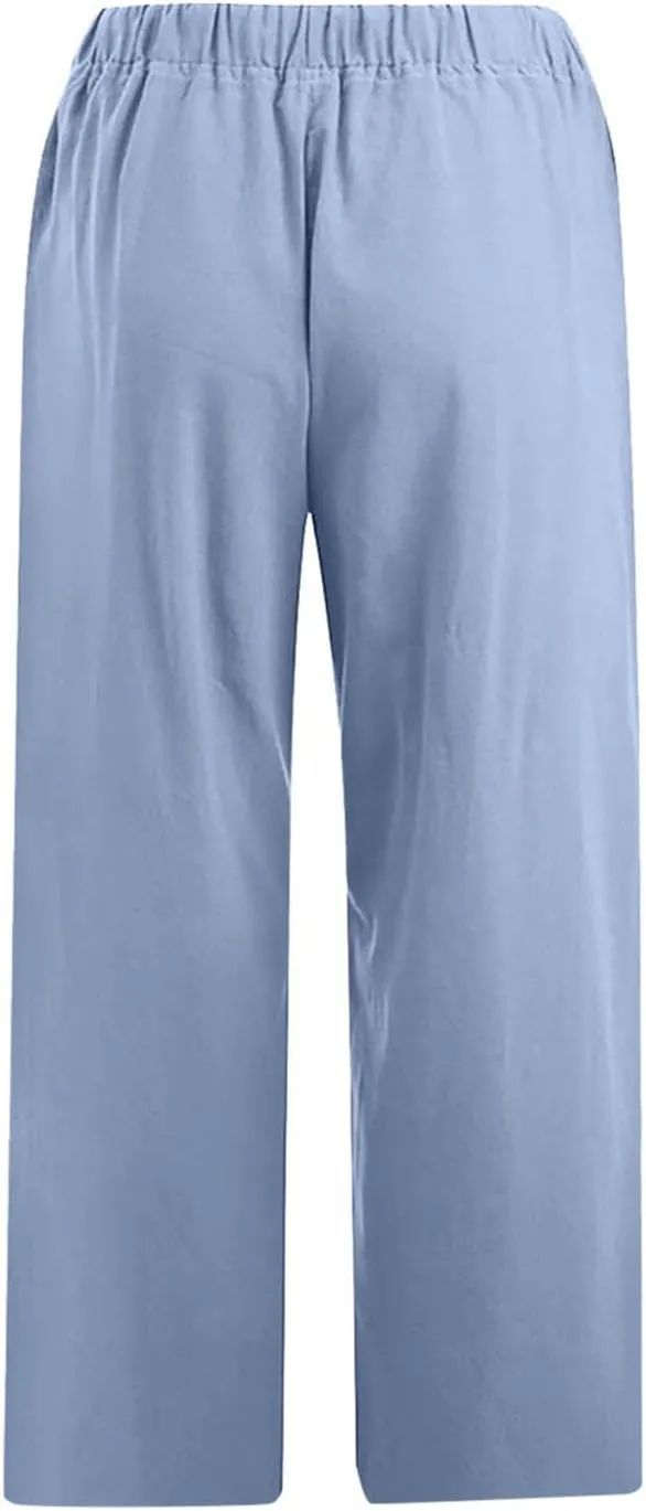 Linen Capri Pants for Women Wide Leg Palazzo Pant Casual Summer Cotton Linen Pants Cropped Trousers Pant with Pocket