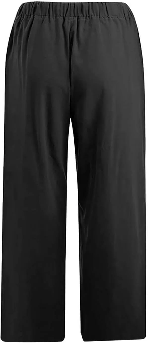 Linen Capri Pants for Women Wide Leg Palazzo Pant Casual Summer Cotton Linen Pants Cropped Trousers Pant with Pocket