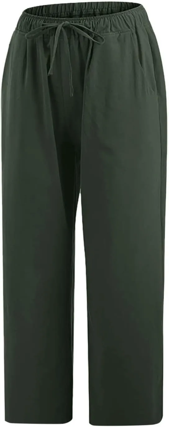 Linen Capri Pants for Women Wide Leg Palazzo Pant Casual Summer Cotton Linen Pants Cropped Trousers Pant with Pocket