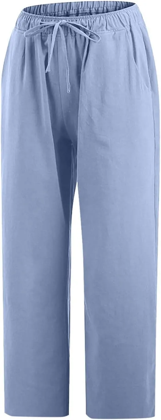 Linen Capri Pants for Women Wide Leg Palazzo Pant Casual Summer Cotton Linen Pants Cropped Trousers Pant with Pocket