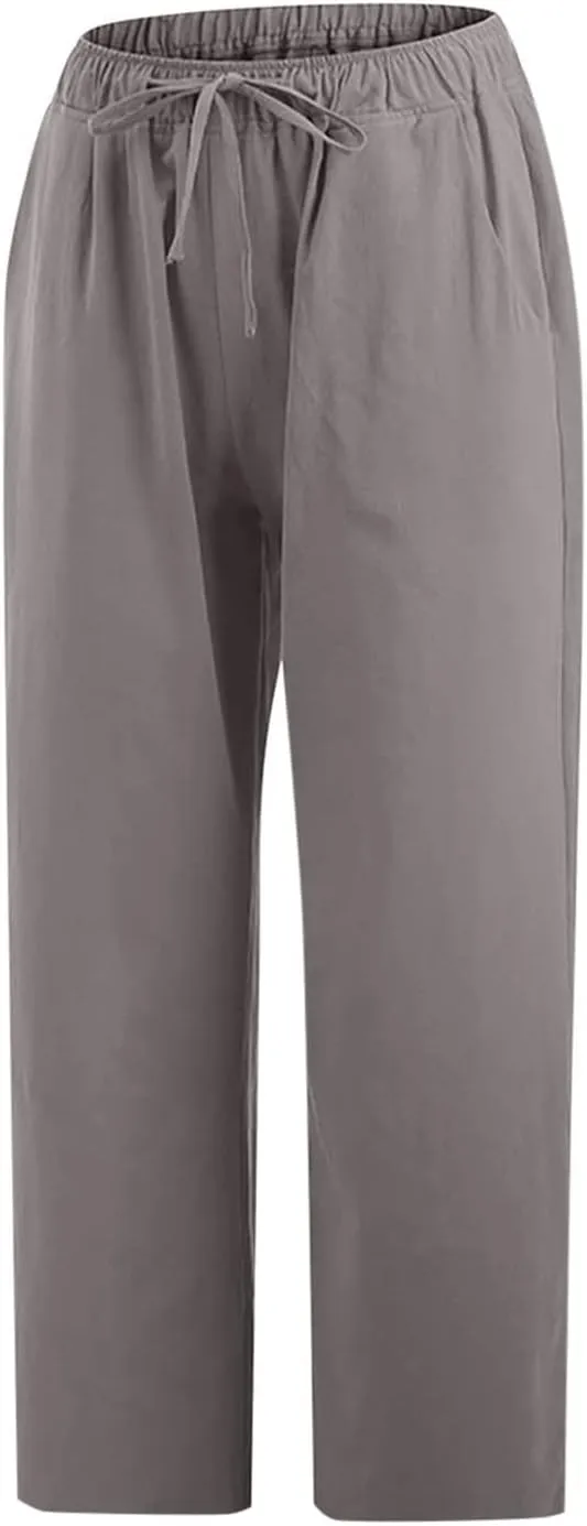 Linen Capri Pants for Women Wide Leg Palazzo Pant Casual Summer Cotton Linen Pants Cropped Trousers Pant with Pocket