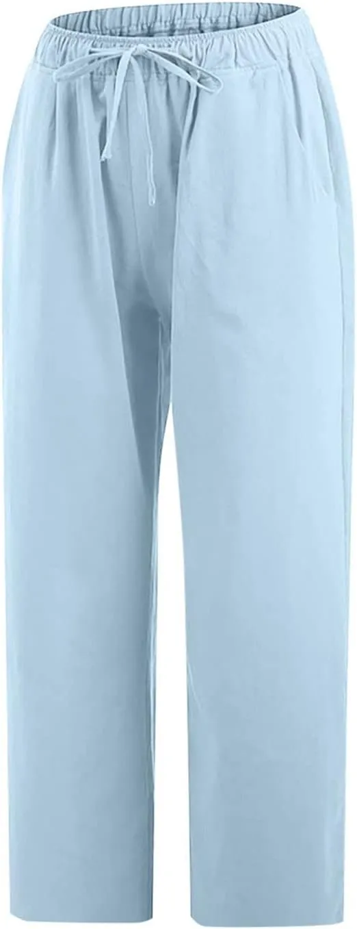 Linen Capri Pants for Women Wide Leg Palazzo Pant Casual Summer Cotton Linen Pants Cropped Trousers Pant with Pocket