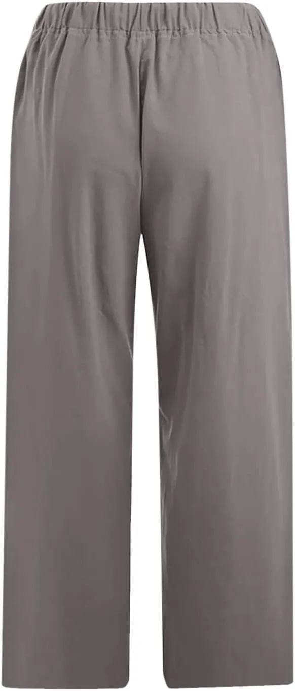 Linen Capri Pants for Women Wide Leg Palazzo Pant Casual Summer Cotton Linen Pants Cropped Trousers Pant with Pocket