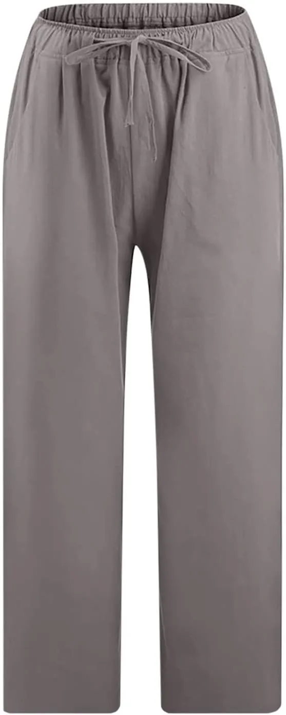 Linen Capri Pants for Women Wide Leg Palazzo Pant Casual Summer Cotton Linen Pants Cropped Trousers Pant with Pocket