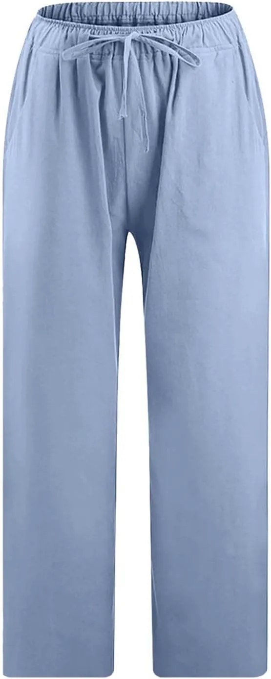 Linen Capri Pants for Women Wide Leg Palazzo Pant Casual Summer Cotton Linen Pants Cropped Trousers Pant with Pocket