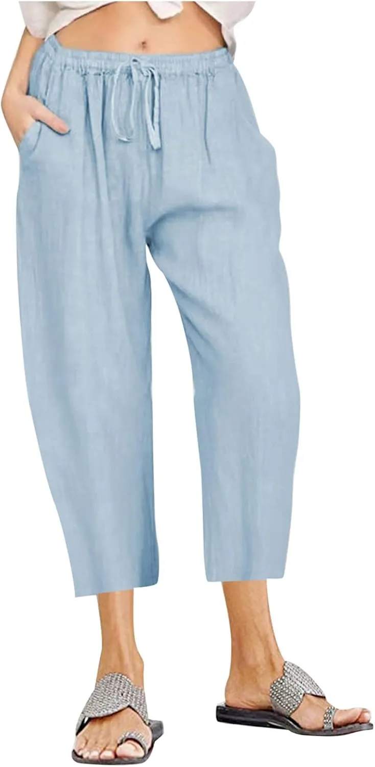 Linen Capri Pants for Women Wide Leg Palazzo Pant Casual Summer Cotton Linen Pants Cropped Trousers Pant with Pocket