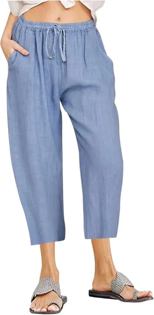 Linen Capri Pants for Women Wide Leg Palazzo Pant Casual Summer Cotton Linen Pants Cropped Trousers Pant with Pocket