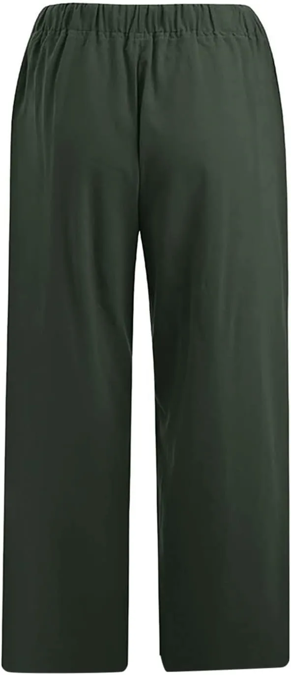 Linen Capri Pants for Women Wide Leg Palazzo Pant Casual Summer Cotton Linen Pants Cropped Trousers Pant with Pocket