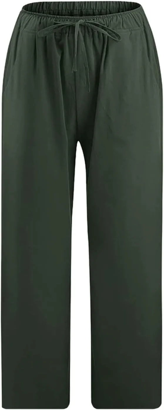 Linen Capri Pants for Women Wide Leg Palazzo Pant Casual Summer Cotton Linen Pants Cropped Trousers Pant with Pocket