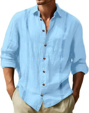Linen Guayabera Shirts Mens Casual Long Sleeve Fashion Button Down T-Shirts Lapel Solid Hawaiian Spring Summer Shirt