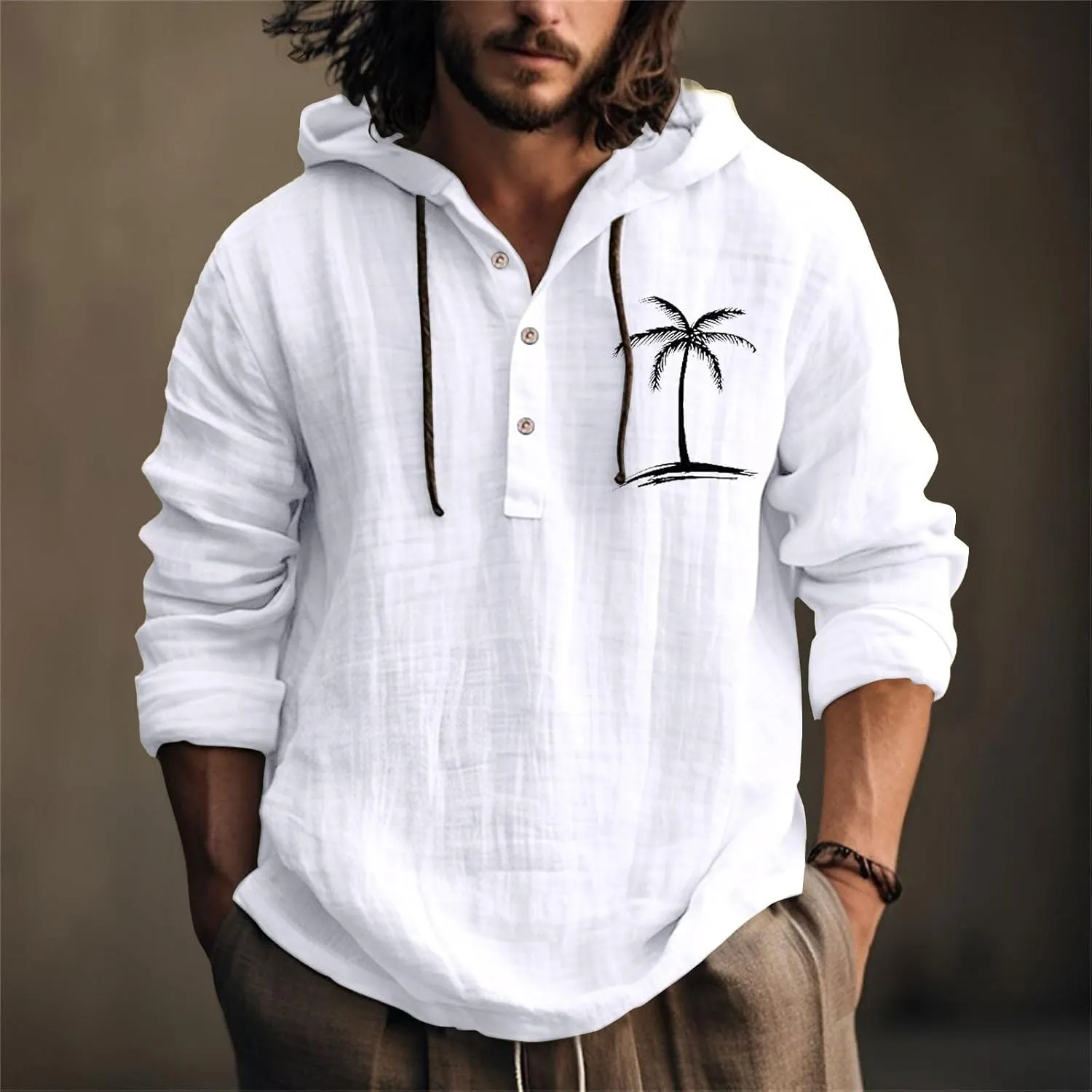 Linen Hoodie Men Long Sleeve Button Down Hooded Beach Casual Printed Tops Shirt Big and Tall Summer Fashion Stylish Shirts