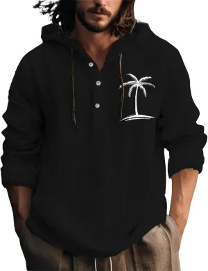 Linen Hoodie Men Long Sleeve Button Down Hooded Beach Casual Printed Tops Shirt Big and Tall Summer Fashion Stylish Shirts