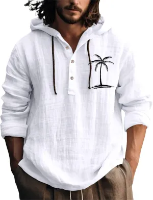 Linen Hoodie Men Long Sleeve Button Down Hooded Beach Casual Printed Tops Shirt Big and Tall Summer Fashion Stylish Shirts