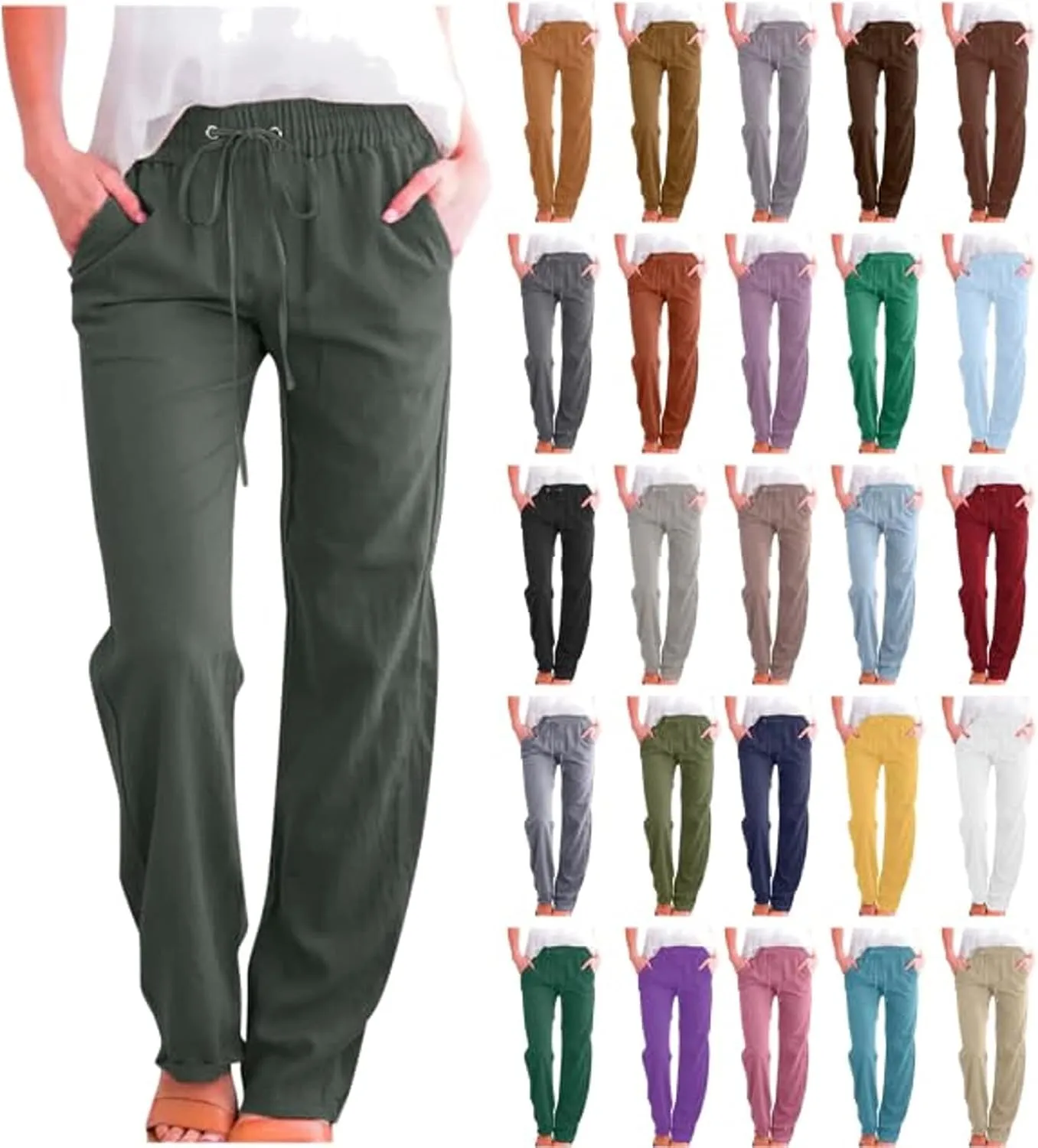 Linen Pants for Women High Waisted Pant Summer Cotton Pants Lounge Hiking Trousers Pant Drawstring Pants with Pocket