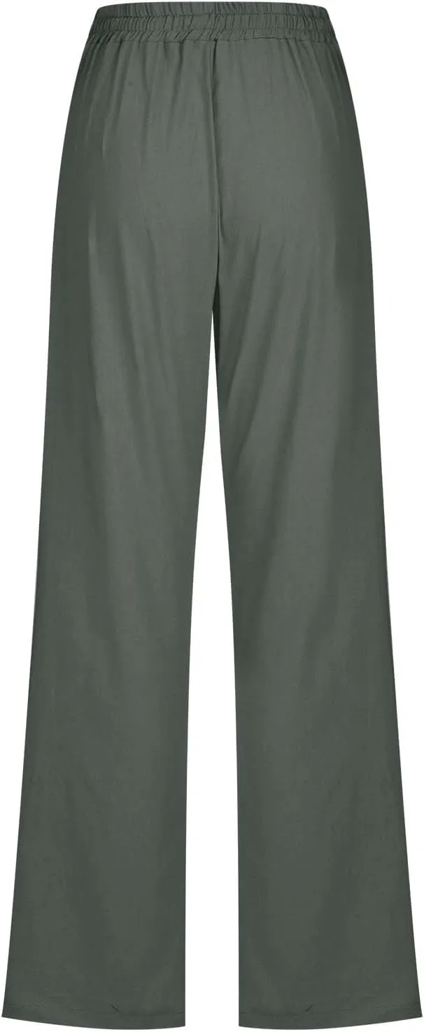 Linen Pants for Women High Waisted Pant Summer Cotton Pants Lounge Hiking Trousers Pant Drawstring Pants with Pocket