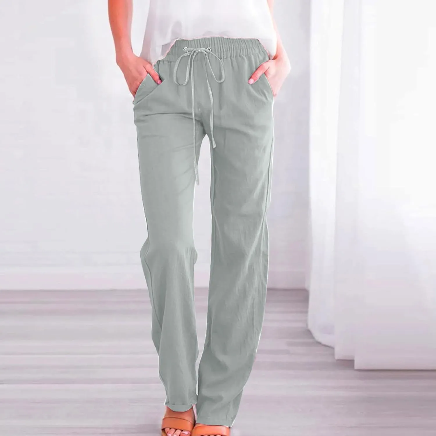 Linen Pants for Women High Waisted Pant Summer Cotton Pants Lounge Hiking Trousers Pant Drawstring Pants with Pocket