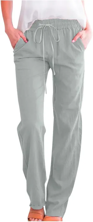 Linen Pants for Women High Waisted Pant Summer Cotton Pants Lounge Hiking Trousers Pant Drawstring Pants with Pocket