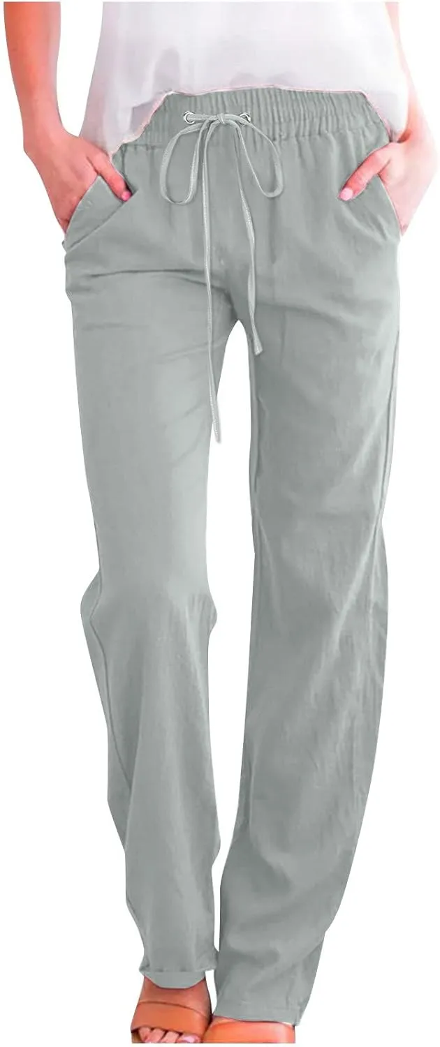 Linen Pants for Women High Waisted Pant Summer Cotton Pants Lounge Hiking Trousers Pant Drawstring Pants with Pocket