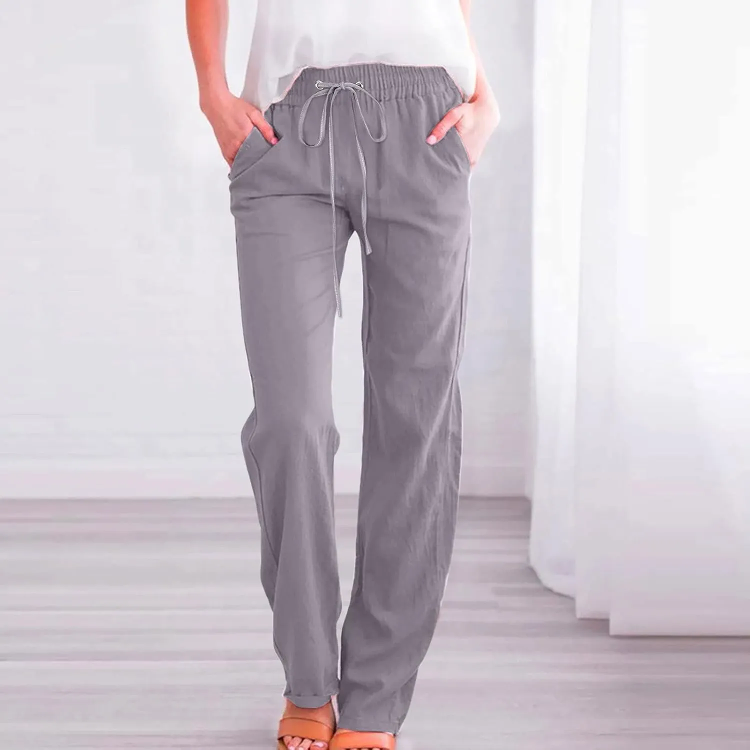 Linen Pants for Women High Waisted Pant Summer Cotton Pants Lounge Hiking Trousers Pant Drawstring Pants with Pocket