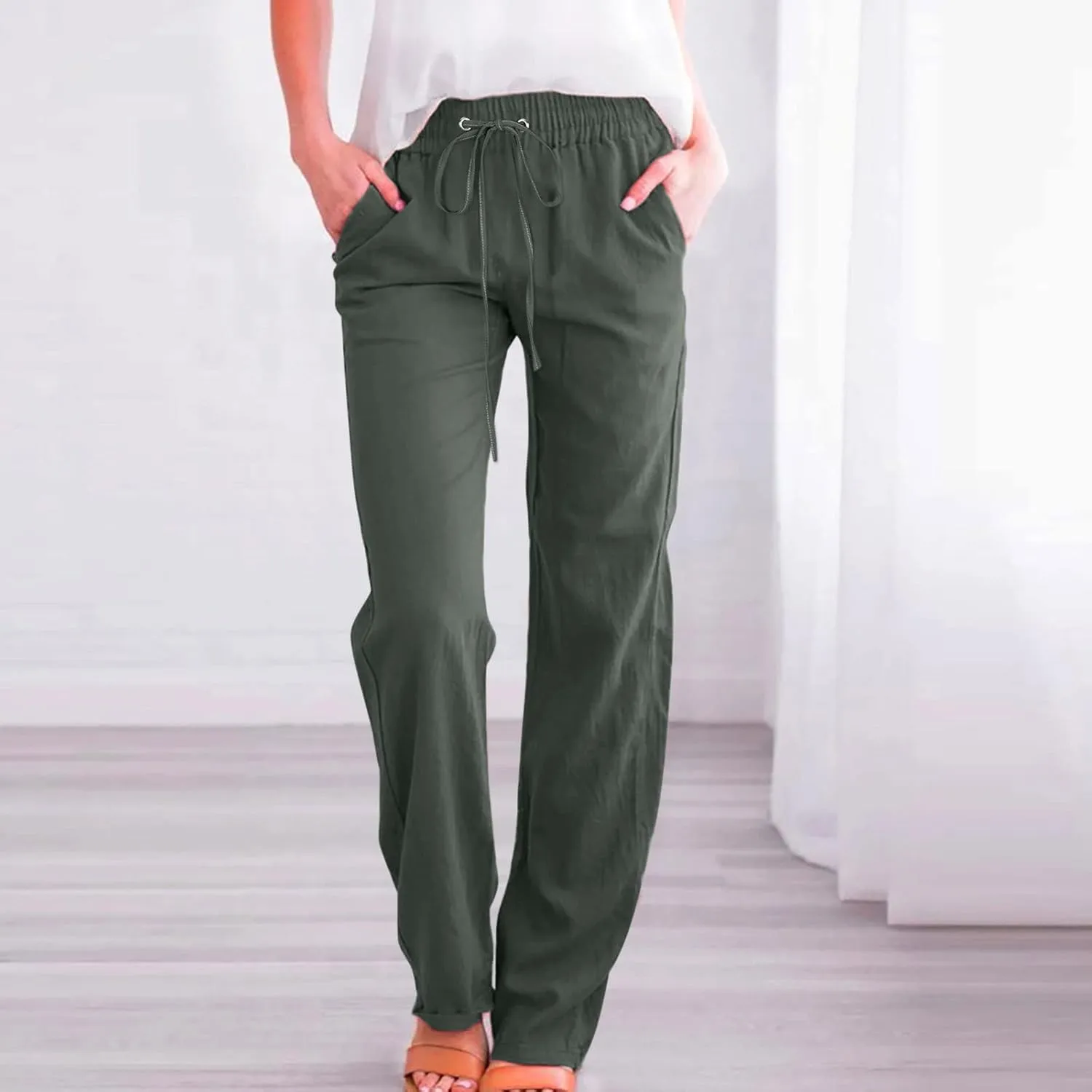 Linen Pants for Women High Waisted Pant Summer Cotton Pants Lounge Hiking Trousers Pant Drawstring Pants with Pocket