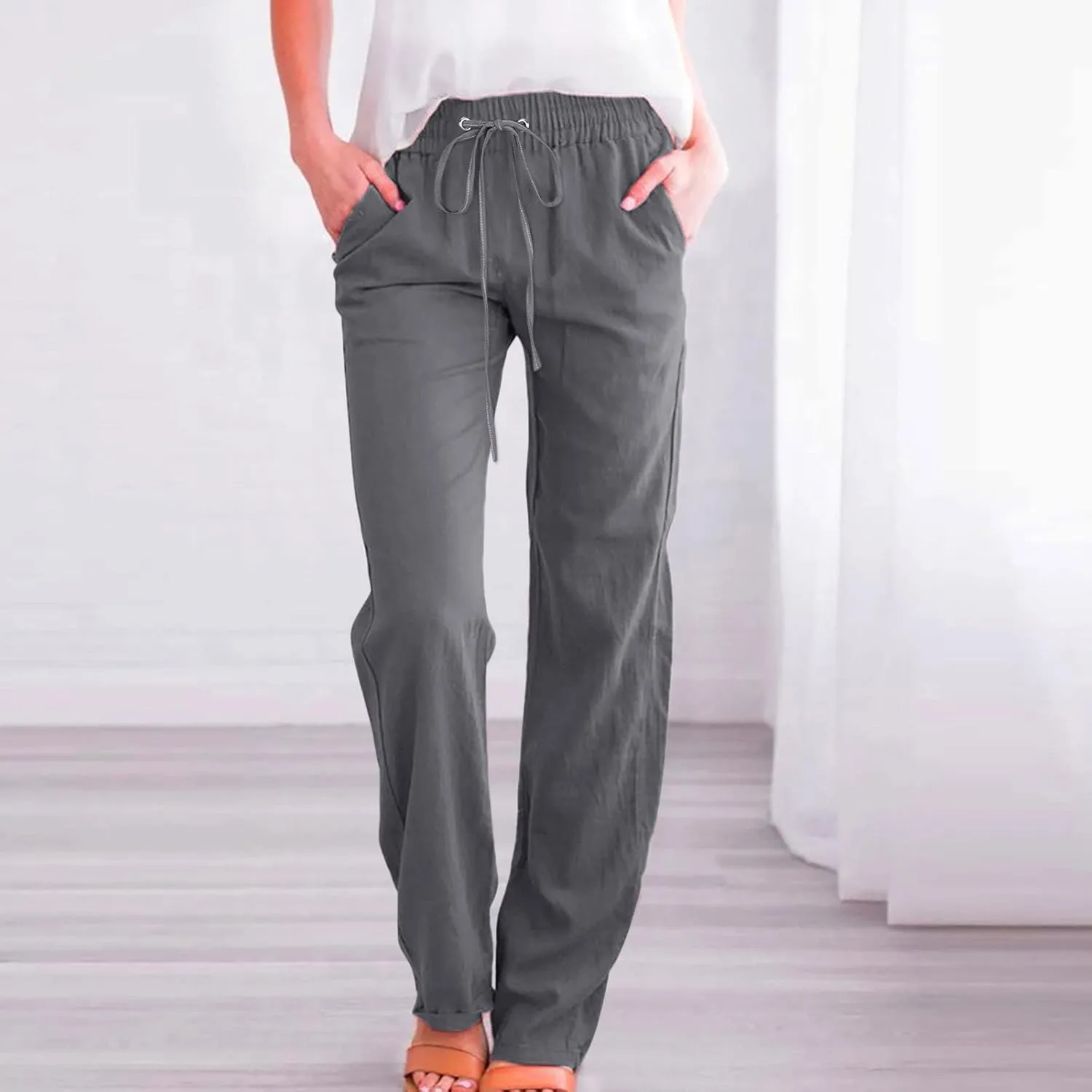 Linen Pants for Women High Waisted Pant Summer Cotton Pants Lounge Hiking Trousers Pant Drawstring Pants with Pocket