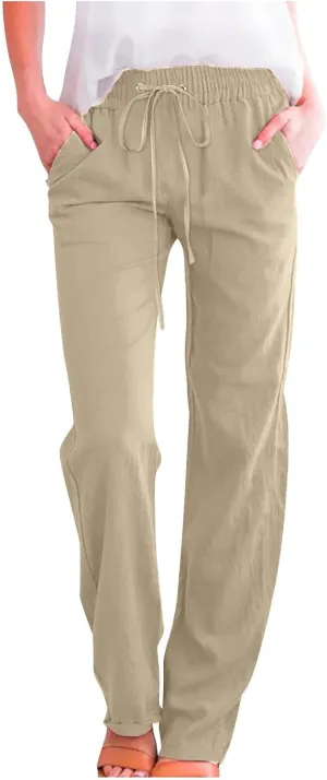Linen Pants for Women High Waisted Pant Summer Cotton Pants Lounge Hiking Trousers Pant Drawstring Pants with Pocket