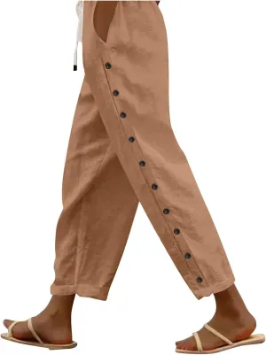 Linen Pants for Women Summer 2024 Striped Casual Elastic High Waist Straight Leg Loose Boho Trendy Trousers Plus Size