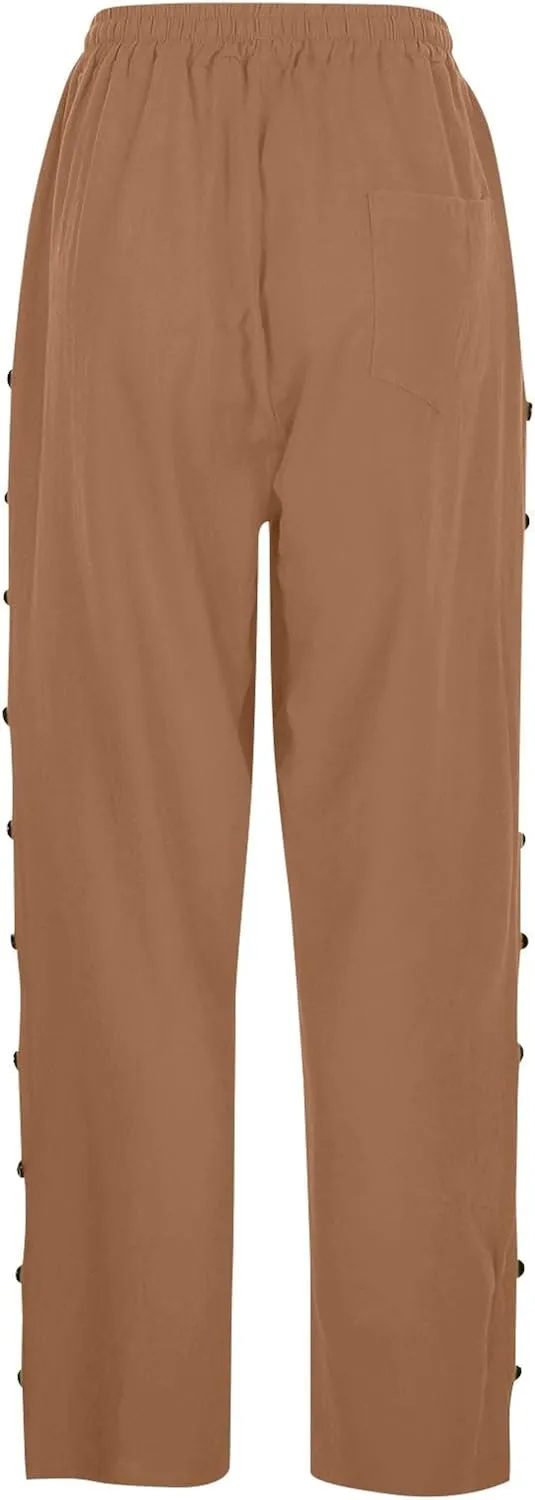 Linen Pants for Women Summer 2024 Striped Casual Elastic High Waist Straight Leg Loose Boho Trendy Trousers Plus Size