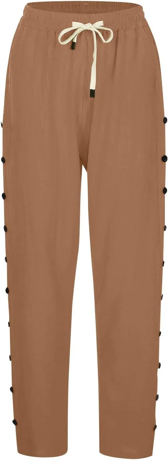 Linen Pants for Women Summer 2024 Striped Casual Elastic High Waist Straight Leg Loose Boho Trendy Trousers Plus Size