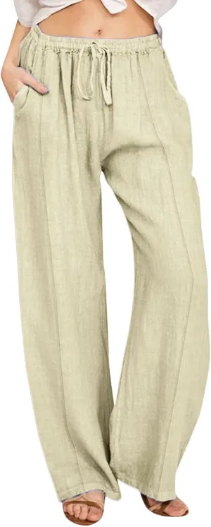 Linen Pants Women 2024 Casual Palazzo Drawstring Elastic Waist Straight Wide Leg Pant Solid Long Trousers with Pocket