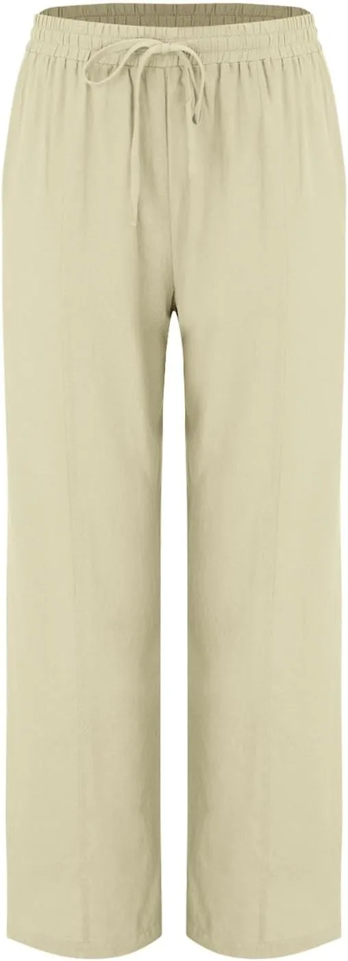 Linen Pants Women 2024 Casual Palazzo Drawstring Elastic Waist Straight Wide Leg Pant Solid Long Trousers with Pocket