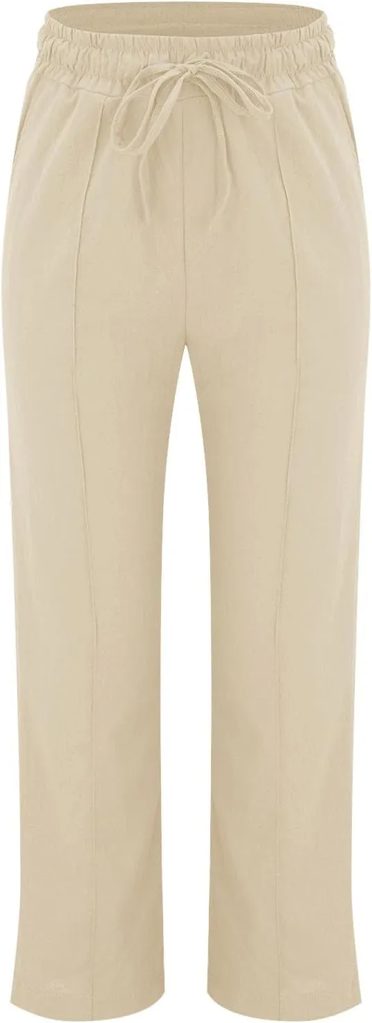 Linen Pants Women 2024 Casual Palazzo Drawstring Elastic Waist Straight Wide Leg Pant Solid Long Trousers with Pocket