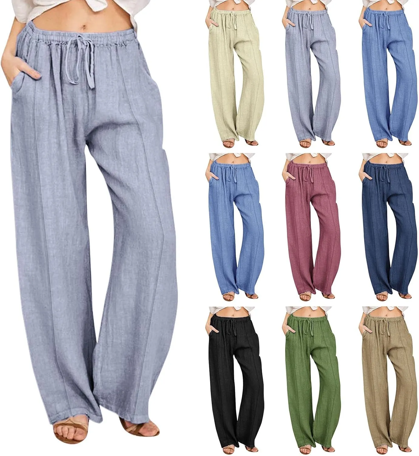 Linen Pants Women 2024 Casual Palazzo Drawstring Elastic Waist Straight Wide Leg Pant Solid Long Trousers with Pocket
