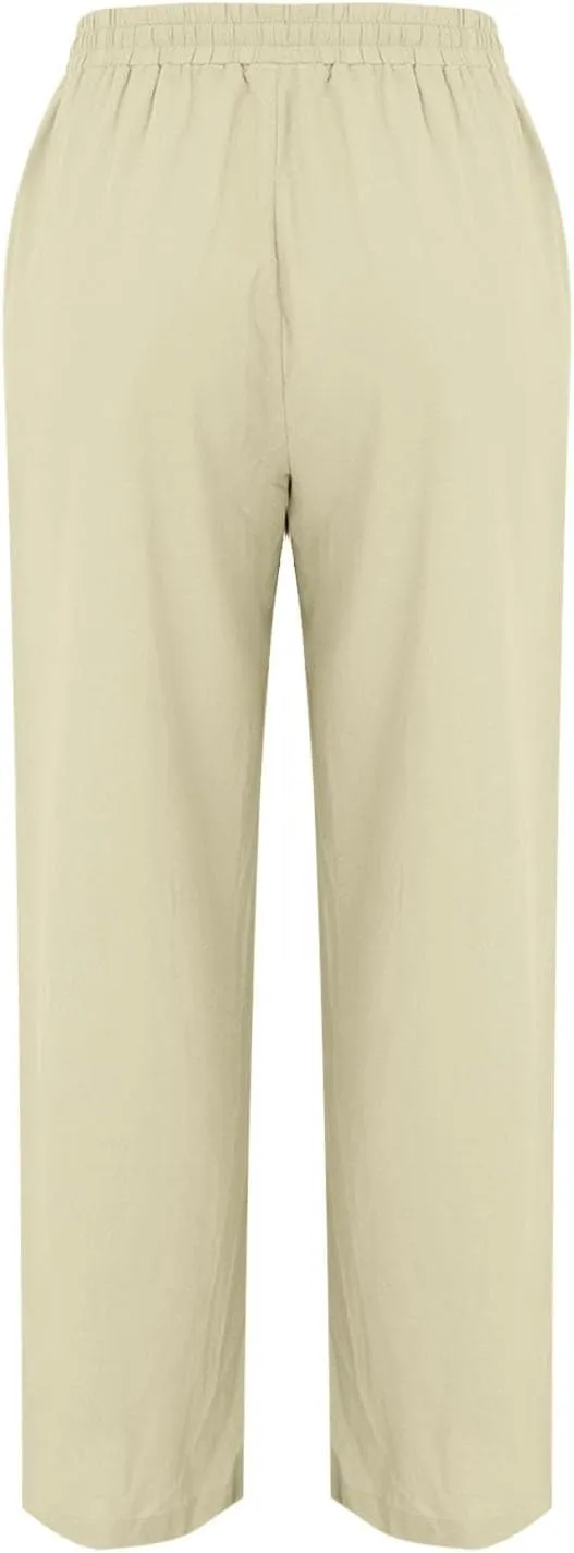 Linen Pants Women 2024 Casual Palazzo Drawstring Elastic Waist Straight Wide Leg Pant Solid Long Trousers with Pocket