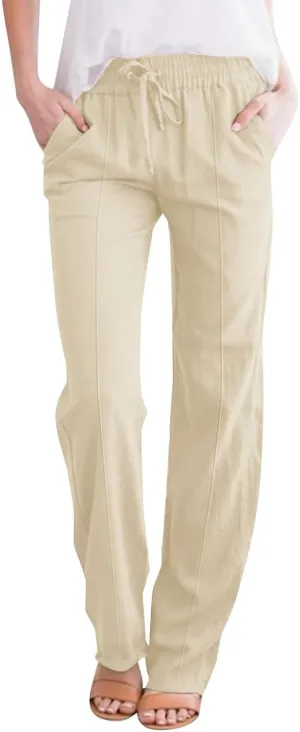 Linen Pants Women 2024 Casual Palazzo Drawstring Elastic Waist Straight Wide Leg Pant Solid Long Trousers with Pocket