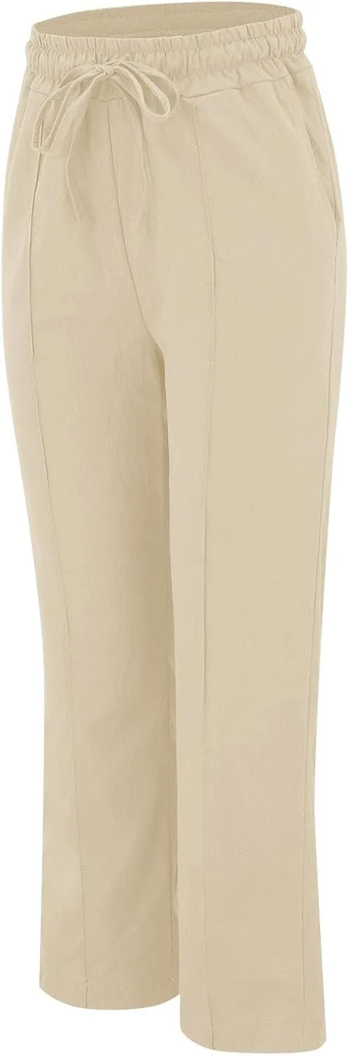 Linen Pants Women 2024 Casual Palazzo Drawstring Elastic Waist Straight Wide Leg Pant Solid Long Trousers with Pocket
