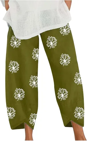 Linen Pants Women Casual Summer Cotton Cropped Tulip Pants Baggy Elastic Waisted Lounge Pants Trousers with Pockets