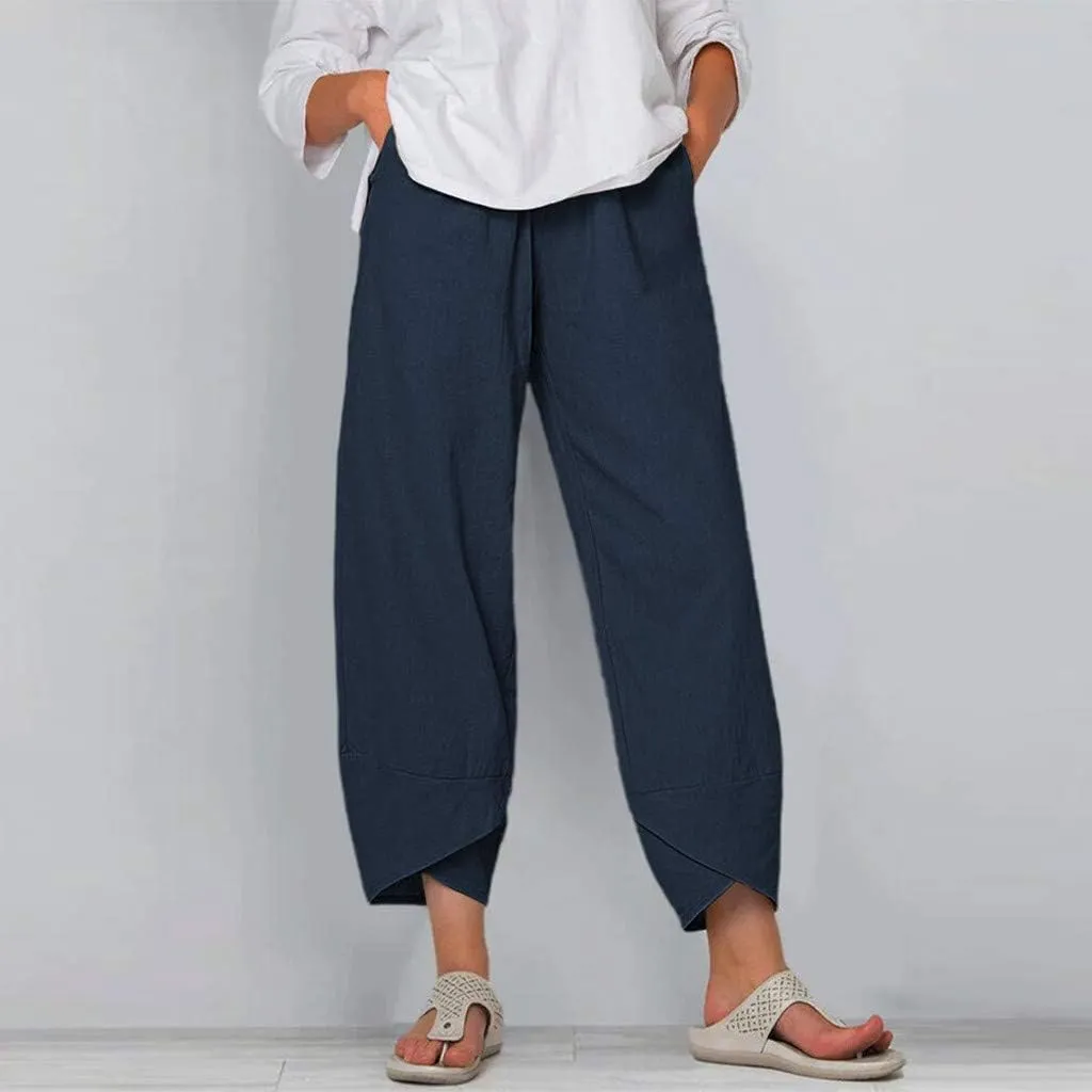Linen Pants Women Casual Summer Cotton Cropped Tulip Pants Baggy Elastic Waisted Lounge Pants Trousers with Pockets