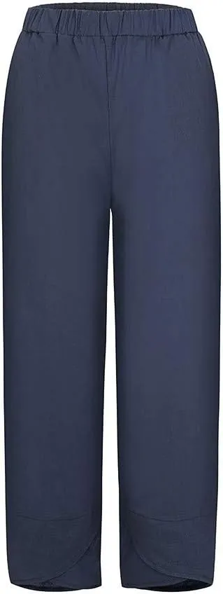 Linen Pants Women Casual Summer Cotton Cropped Tulip Pants Baggy Elastic Waisted Lounge Pants Trousers with Pockets