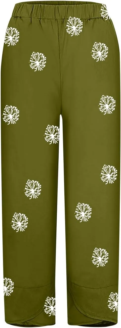 Linen Pants Women Casual Summer Cotton Cropped Tulip Pants Baggy Elastic Waisted Lounge Pants Trousers with Pockets