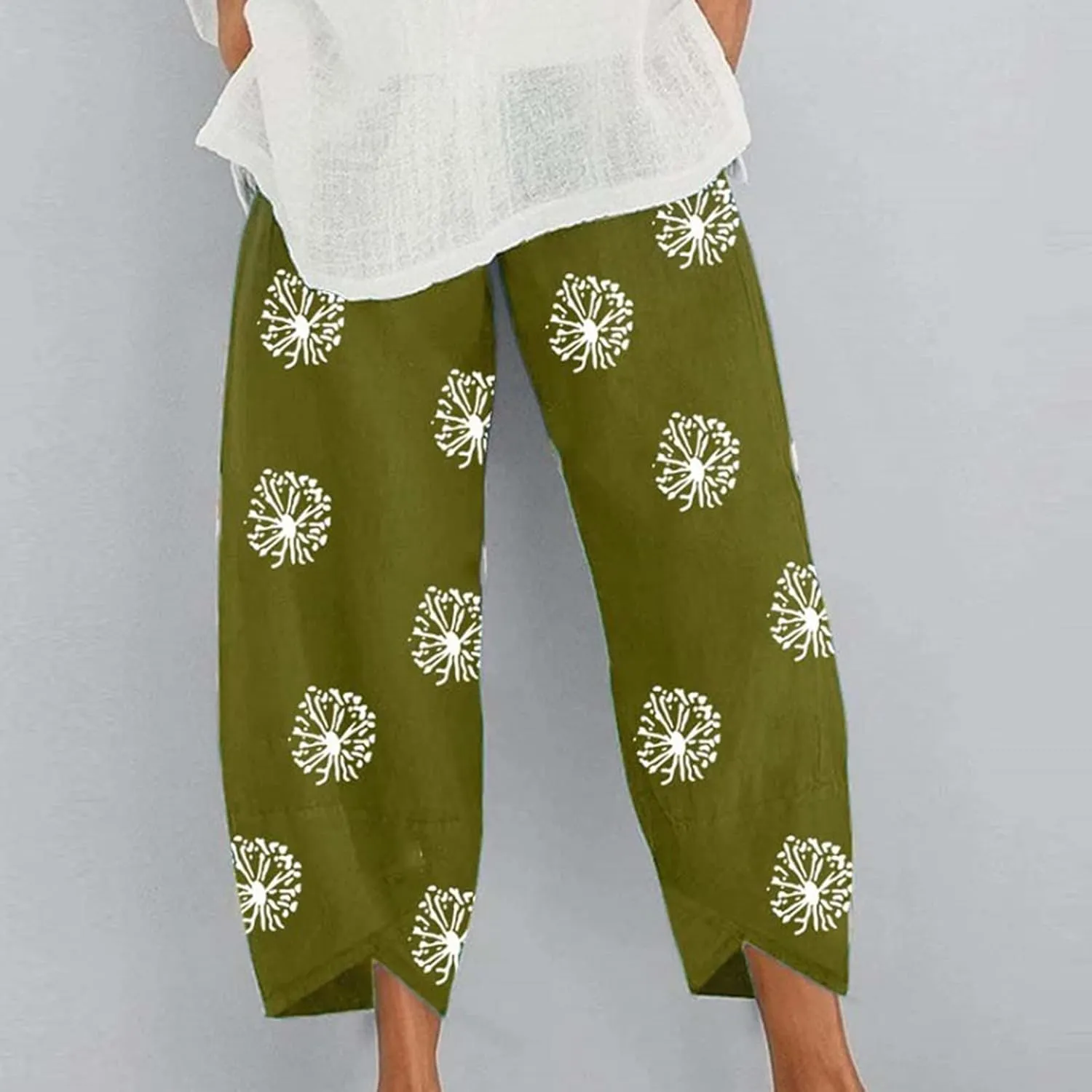 Linen Pants Women Casual Summer Cotton Cropped Tulip Pants Baggy Elastic Waisted Lounge Pants Trousers with Pockets