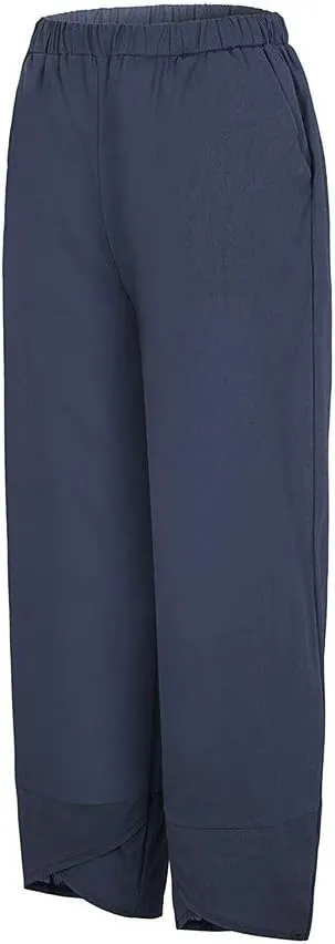 Linen Pants Women Casual Summer Cotton Cropped Tulip Pants Baggy Elastic Waisted Lounge Pants Trousers with Pockets
