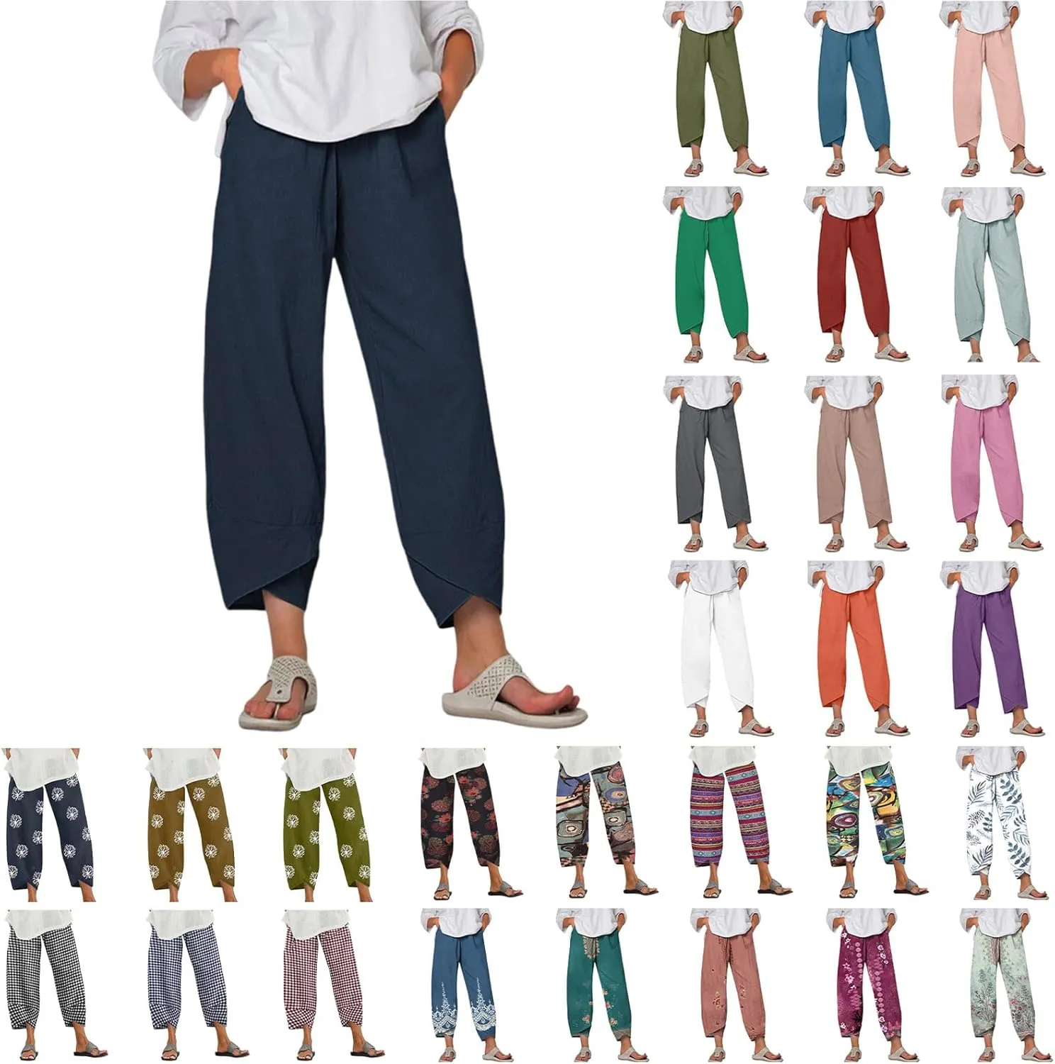 Linen Pants Women Casual Summer Cotton Cropped Tulip Pants Baggy Elastic Waisted Lounge Pants Trousers with Pockets