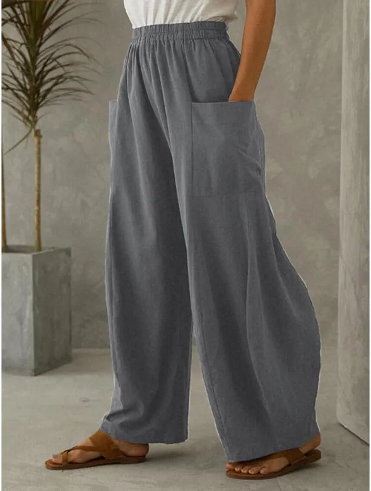 Linen Pants Women Casual Wide Leg Pants Casual Loose High Waist Lantern Beach Palazzo Pants with Pockets