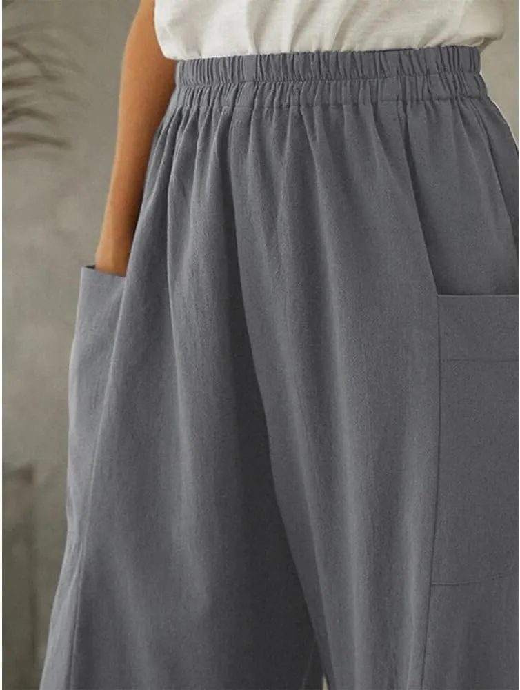 Linen Pants Women Casual Wide Leg Pants Casual Loose High Waist Lantern Beach Palazzo Pants with Pockets
