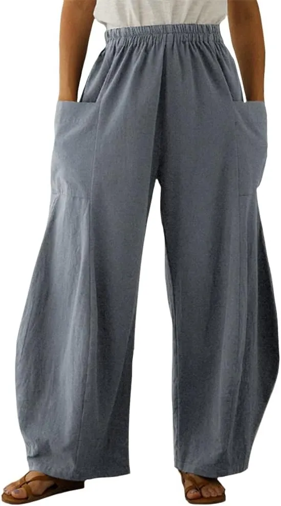 Linen Pants Women Casual Wide Leg Pants Casual Loose High Waist Lantern Beach Palazzo Pants with Pockets