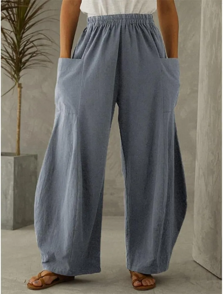 Linen Pants Women Casual Wide Leg Pants Casual Loose High Waist Lantern Beach Palazzo Pants with Pockets