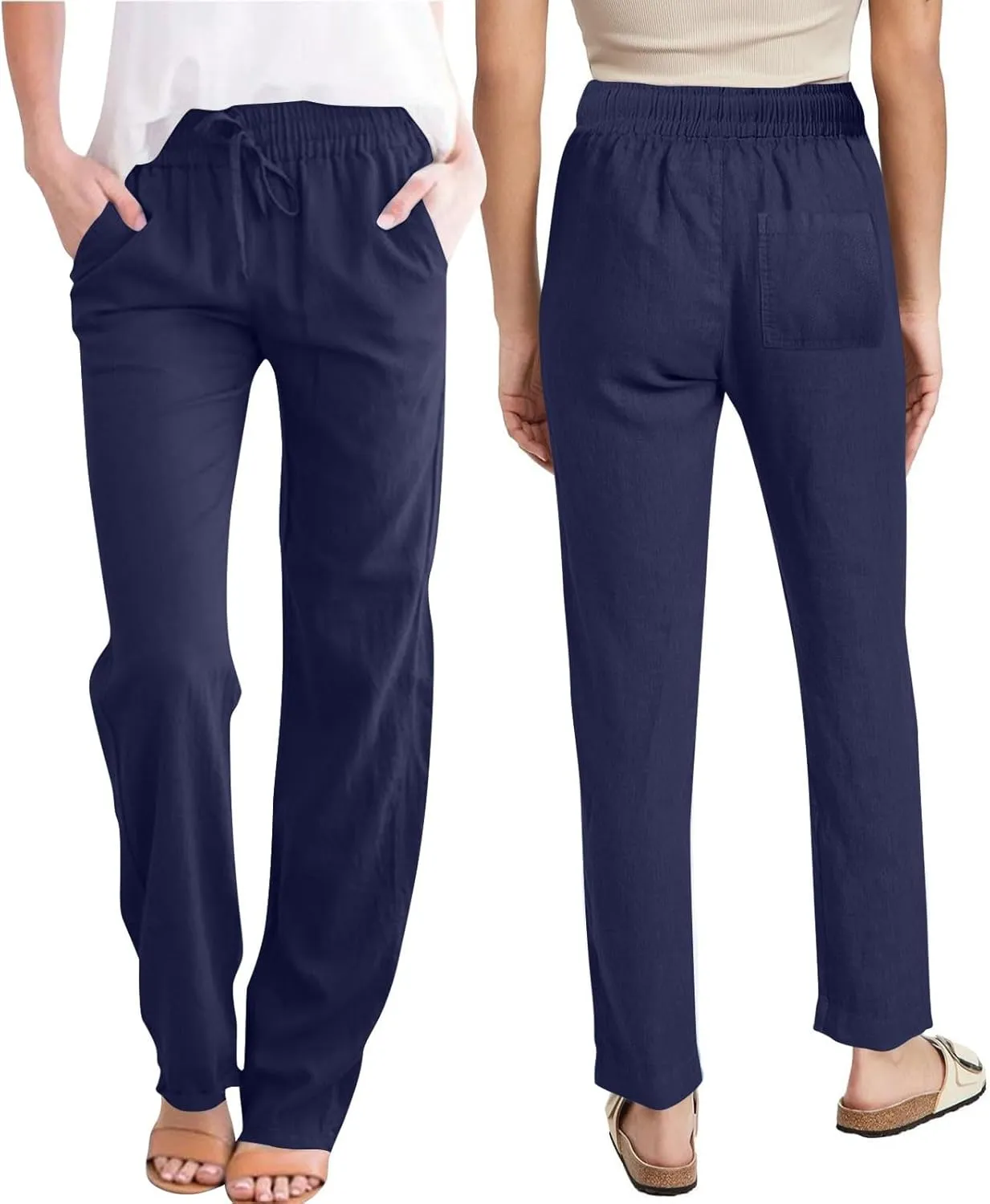 Linen Pants Women Drawstring Straight Leg Pants Casual Lightweight Summer Pants Loose Fit Trousers with Pockets